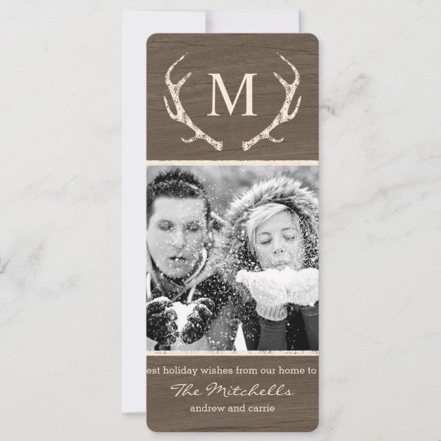Rustic Antlers Holiday Photo Card Christmas Card (Front)