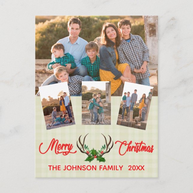 Rustic Antlers Holly Christmas Photo Collage Holiday Postcard (Front)