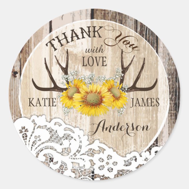 Rustic Antlers Lace Sunflowers Boho Wedding Classic Round Sticker (Front)