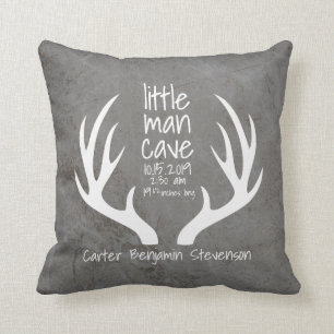 Rustic Antlers Little Man Cave Birth Stats Nursery Throw Pillow