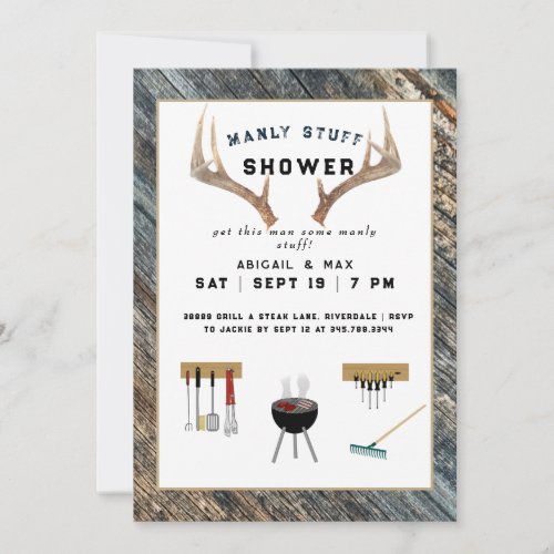 Rustic Antlers Manly Stuff Couples Wedding Shower  Invitation