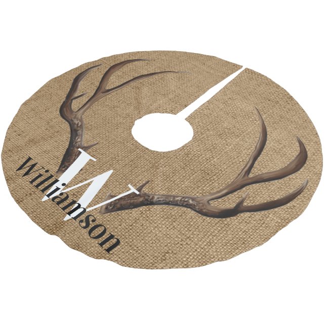 Rustic Antlers Monogram Name Brushed Polyester Tree Skirt (Angled)