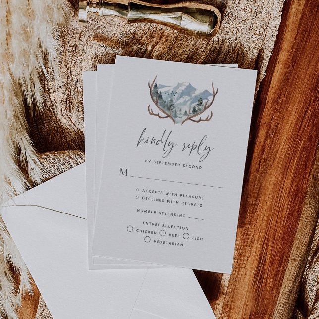 Rustic Antlers Mountain Wedding RSVP Card (Creator Uploaded)