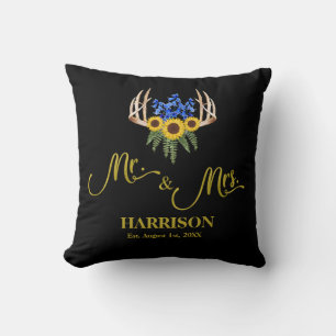 Rustic Antlers Mr and Mrs Lastname Newlywed Gift Throw Pillow