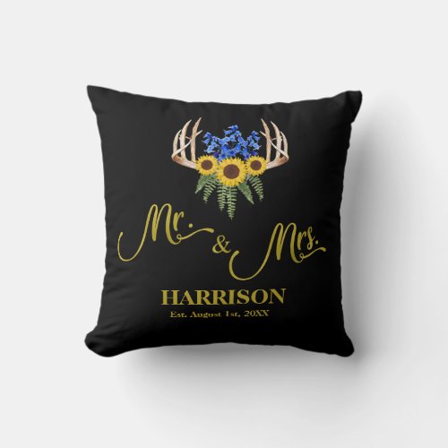 Rustic Antlers Mr and Mrs Lastname Newlywed Gift Throw Pillow