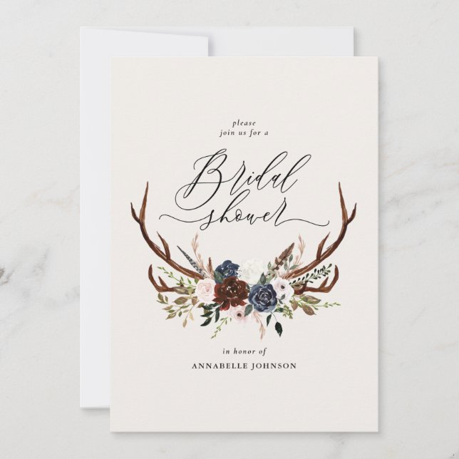Rustic antlers navy burgundy floral bridal shower (Front)