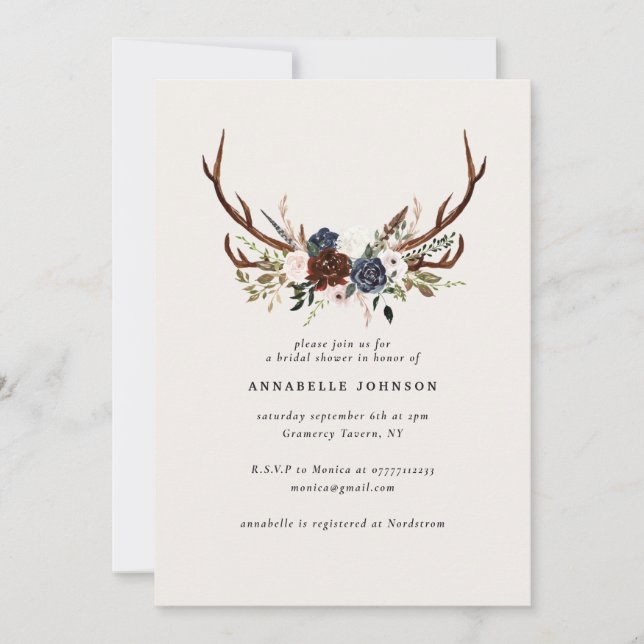 Rustic antlers navy burgundy floral bridal shower (Front)