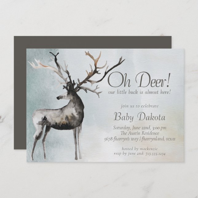 Rustic Antlers | Oh Deer Little Buck Baby Shower Invitation (Front/Back)