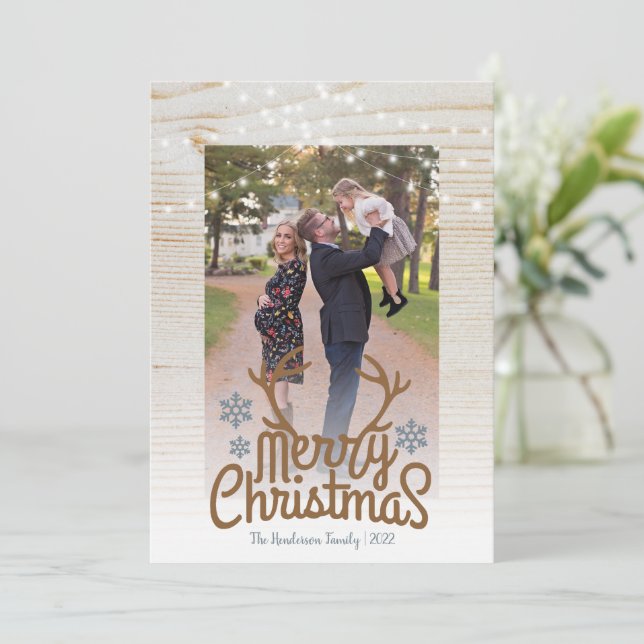 Rustic Antlers Photo String Light Merry Christmas Holiday Card (Standing Front)