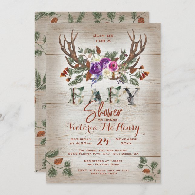 Rustic Antlers & Pine Branches Baby Shower Invitation (Front/Back)