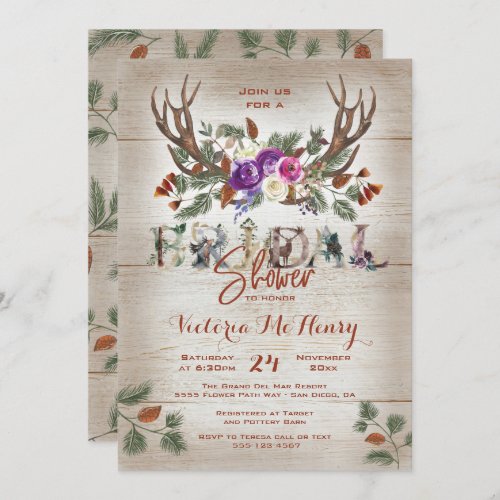 Rustic Antlers  Pine Branches Bridal Shower Invitation