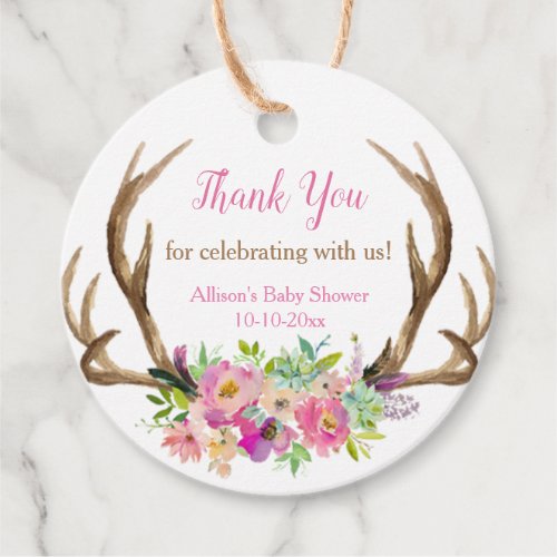 Rustic antlers pink floral girl baby shower favor tags