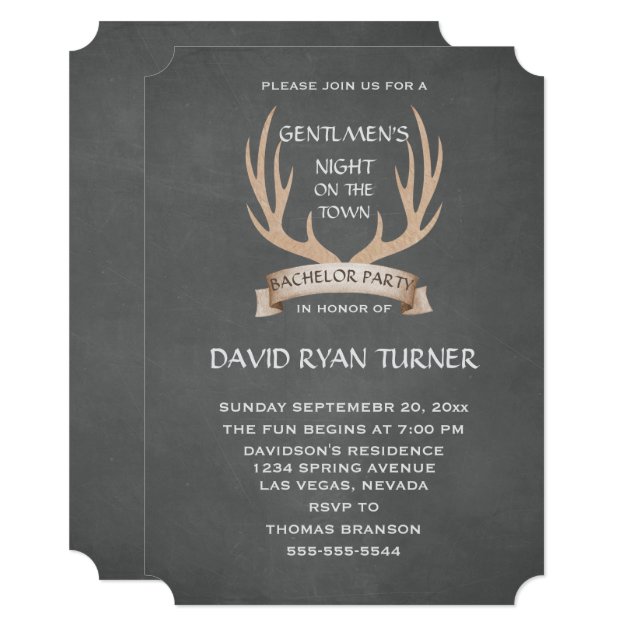 Rustic Antlers Ribbon Chalk Bachelor Party Invite