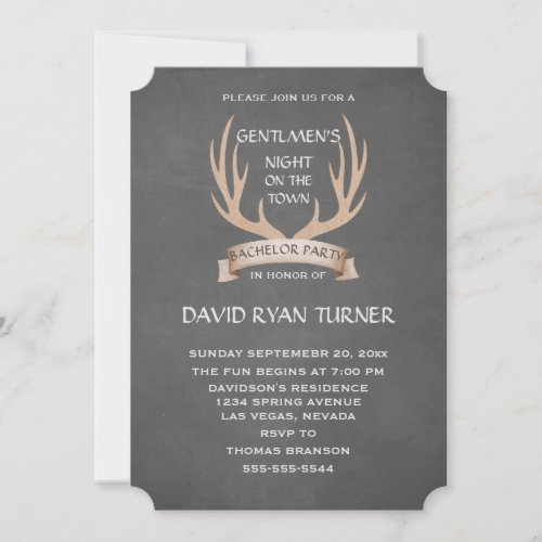 Rustic Antlers Ribbon Chalk Bachelor Party Invite