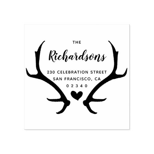 Rustic Antlers Script Family Name  Return Address Rubber Stamp