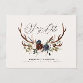 Rustic antlers script navy burgundy floral wedding announcement postcard (Front)