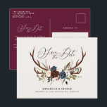Rustic antlers script navy burgundy floral wedding announcement postcard<br><div class="desc">Rustic antlers script navy burgundy floral wedding save the date postcard. Part of a modern collection.</div>