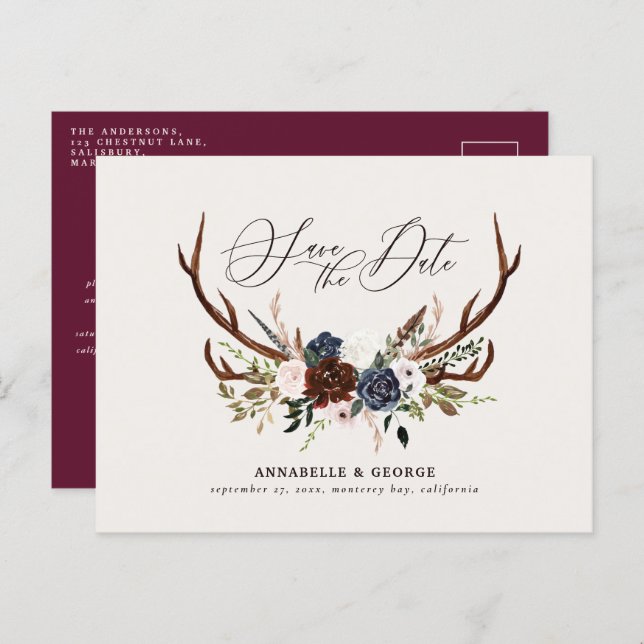 Rustic antlers script navy burgundy floral wedding announcement postcard (Front/Back)
