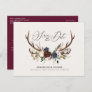Rustic antlers script navy burgundy floral wedding announcement postcard