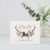 Rustic antlers script navy burgundy floral wedding announcement postcard (Standing Front)