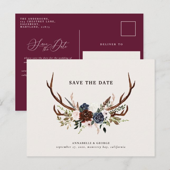 Rustic antlers script navy burgundy floral wedding announcement postcard (Front/Back)