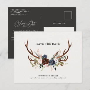 Rustic antlers script navy burgundy floral wedding announcement postcard