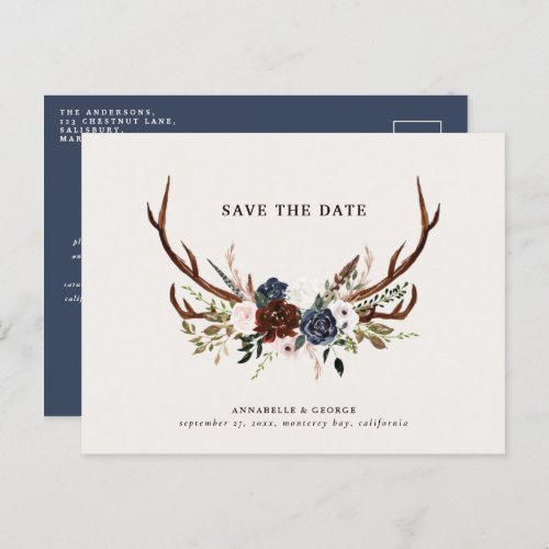 Rustic antlers script navy burgundy floral wedding announcement postcard