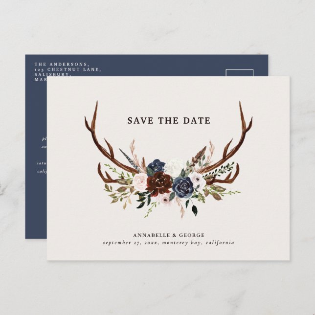 Rustic antlers script navy burgundy floral wedding announcement postcard (Front/Back)