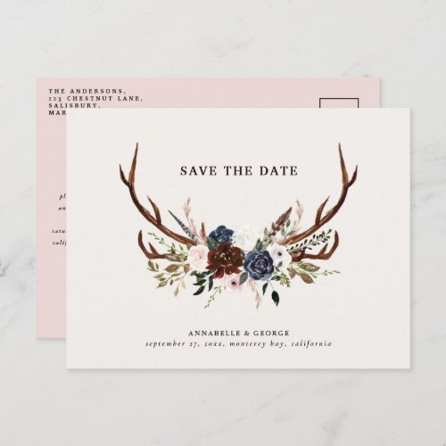 Rustic antlers script navy burgundy floral wedding announcement postcard