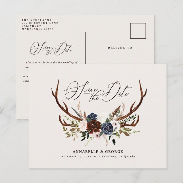 Rustic antlers script navy burgundy floral wedding announcement postcard (Front/Back)