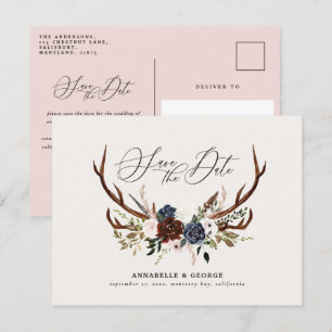 Rustic antlers script navy burgundy floral wedding announcement postcard