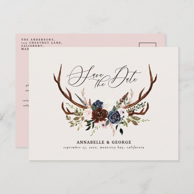 Rustic antlers script navy burgundy floral wedding announcement postcard (Front/Back)