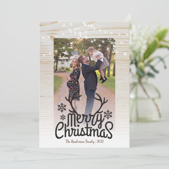 Rustic Antlers String Light Photo Merry Christmas  Holiday Card (Standing Front)