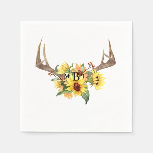 Rustic Antlers Sunflower Monogram Wedding Cocktail Napkins