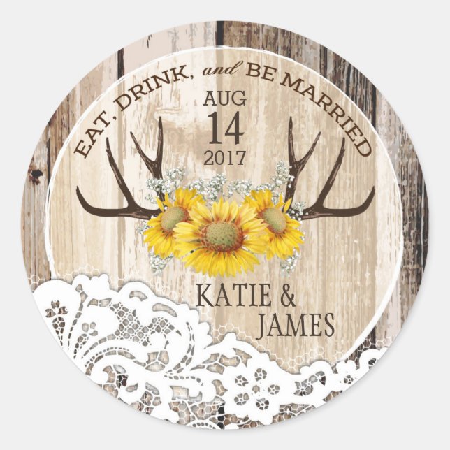 Rustic Antlers Sunflowers Country Wedding Classic Round Sticker (Front)