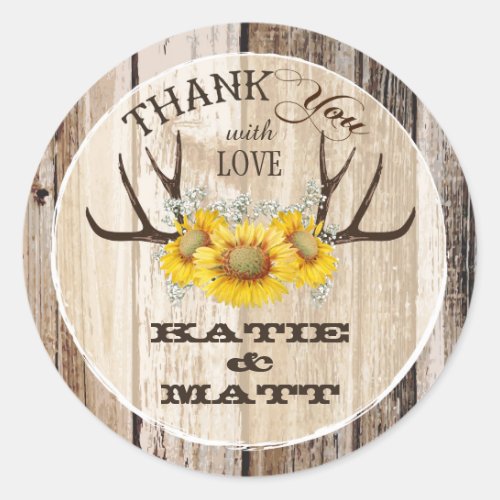 Rustic Antlers Sunflowers Country Wedding Classic Round Sticker