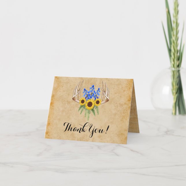 Rustic Antlers & Sunflowers Wedding Thank You Card (Front)
