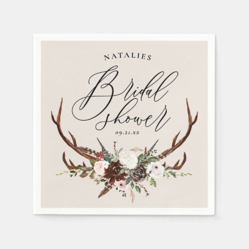 Rustic antlers watercolor bridal shower party napkins