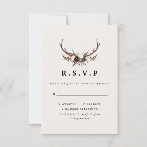 Rustic antlers watercolor floral wedding RSVP RSVP Card