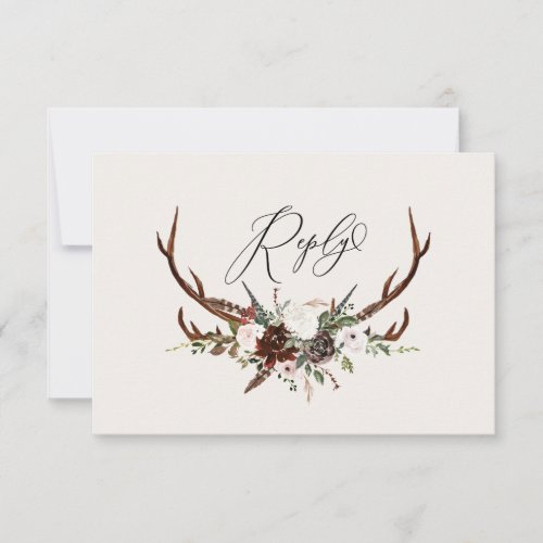 Rustic antlers watercolor floral wedding RSVP RSVP Card