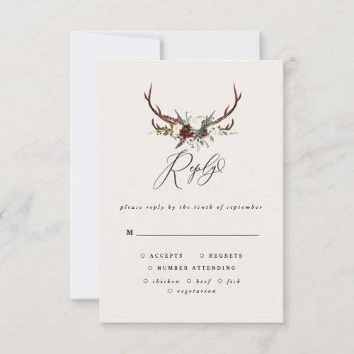 Rustic antlers watercolor floral wedding RSVP RSVP Card