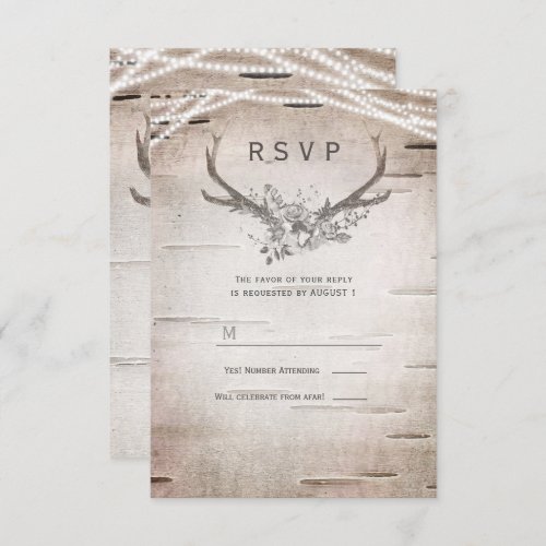 Rustic Antlers White Birch Vintage Wedding RSVP  Invitation