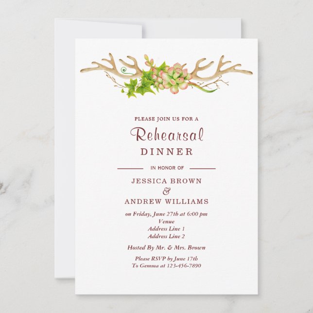 Rustic Antlers & Wildflowers Rehearsal Dinner Invitation (Front)