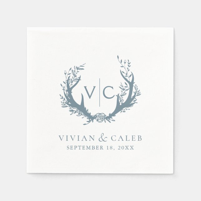 Rustic Antlers with Floral Wreath | Wedding Napkins (Front)