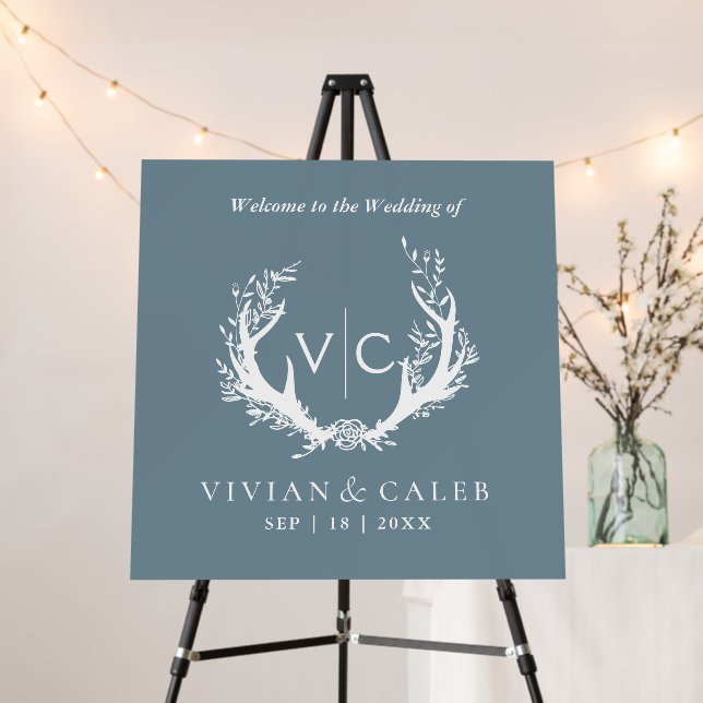 Rustic Antlers with Floral Wreath | Wedding Sign (In Situ (Stand))