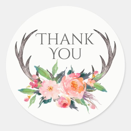 Rustic Antlers with Pink Bouquet Thank You Classic Round Sticker