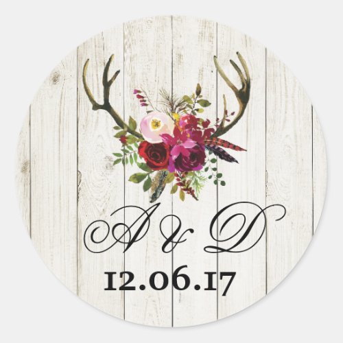 Rustic Antlers Wood Floral Wedding Stickers Label