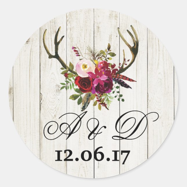Rustic Antlers Wood Floral Wedding Stickers Label (Front)