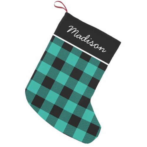 Rustic Aqua and Black Buffalo Check Monogram Small Christmas Stocking