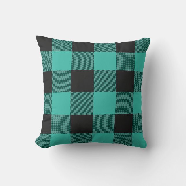 Rustic Aqua and Black Buffalo Check Plaid Outdoor Pillow (Front)